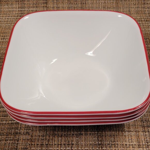 Corelle Set (4) CEREAL Salad BOWL Square White & RED Trim CORNING Vintage 6 1/4" - Picture 10 of 11